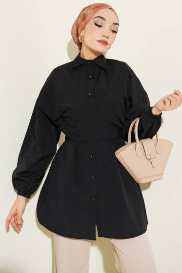 Önü Çapraz Bağlamalı Gömlek Siyah - Gömlek