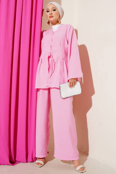 Önü Çapraz İp Bağlamalı İkili Takım Pembe - İkili Takım