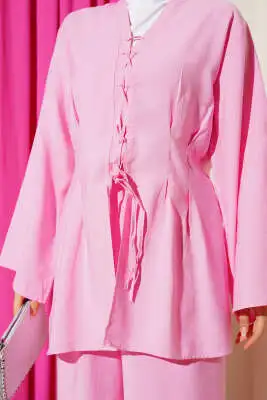 Önü Çapraz İp Bağlamalı İkili Takım Pembe - İkili Takım