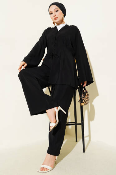 Önü Çapraz İp Bağlamalı İkili Takım Siyah - İkili Takım