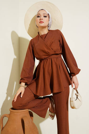 Önü Çapraz Kuşaklı İkili Takım Kahve - İkili Takım