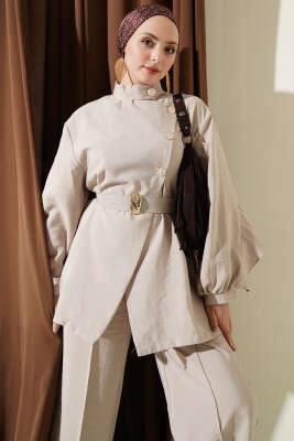 Önü Çapraz Metalize Düğmeli Takım Bej - İkili Takım