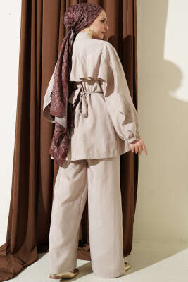 Önü Çapraz Metalize Düğmeli Takım Bej - İkili Takım