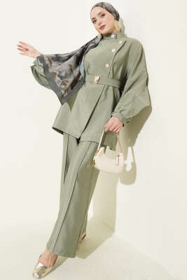 Önü Çapraz Metalize Düğmeli Takım Çağla Yeşili - VAV TEKSTİL