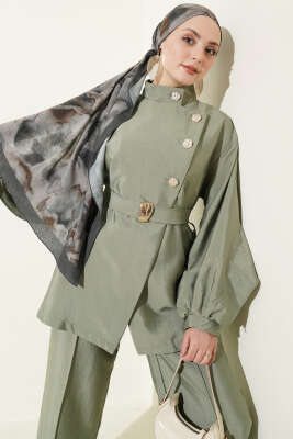 Önü Çapraz Metalize Düğmeli Takım Çağla Yeşili - İkili Takım