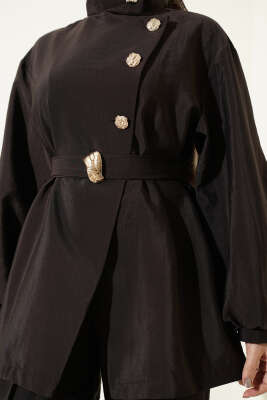 Önü Çapraz Metalize Düğmeli Takım Kahve - İkili Takım