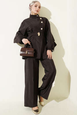 Önü Çapraz Metalize Düğmeli Takım Kahve - VAV TEKSTİL