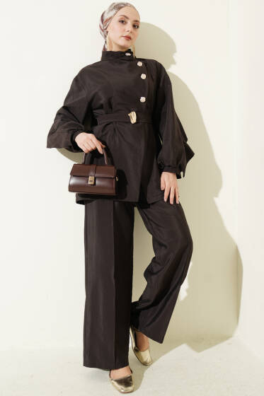Önü Çapraz Metalize Düğmeli Takım Kahve - İkili Takım