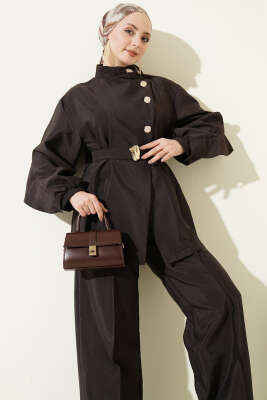 Önü Çapraz Metalize Düğmeli Takım Kahve - İkili Takım