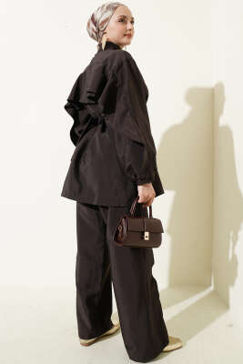 Önü Çapraz Metalize Düğmeli Takım Kahve - İkili Takım