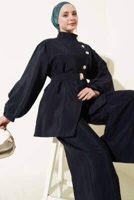 Önü Çapraz Metalize Düğmeli Takım Lacivert - VAV TEKSTİL