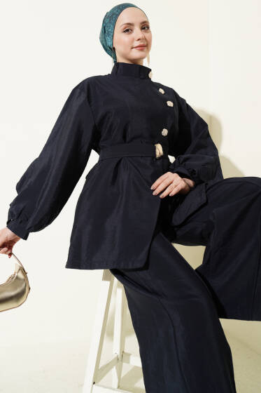 Önü Çapraz Metalize Düğmeli Takım Lacivert - İkili Takım