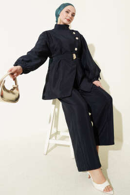 Önü Çapraz Metalize Düğmeli Takım Lacivert - İkili Takım