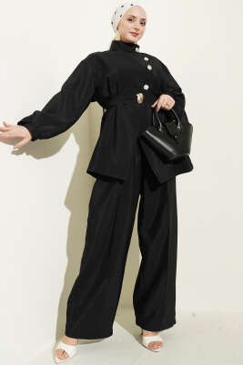 Önü Çapraz Metalize Düğmeli Takım Siyah - VAV TEKSTİL