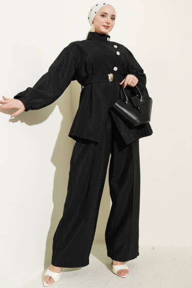 Önü Çapraz Metalize Düğmeli Takım Siyah - İkili Takım