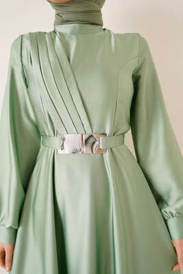Önü Çapraz Pileli Elbise Su Yeşili - Thumbnail