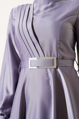 Önü Çapraz Piliseli Saten Elbise Gri - Tesettür Elbise