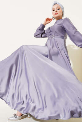 Önü Çapraz Piliseli Saten Elbise Gri 