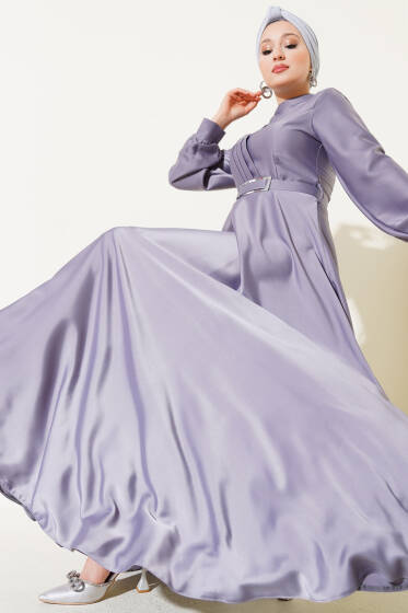 Önü Çapraz Piliseli Saten Elbise Gri - Tesettür Elbise