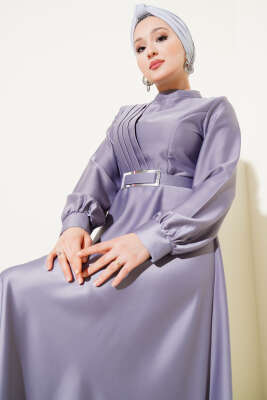 Önü Çapraz Piliseli Saten Elbise Gri - Tesettür Elbise