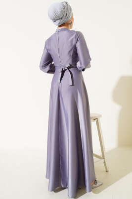 Önü Çapraz Piliseli Saten Elbise Gri - Tesettür Elbise