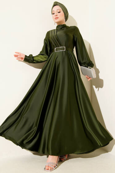 Önü Çapraz Piliseli Saten Elbise Haki - Elbise