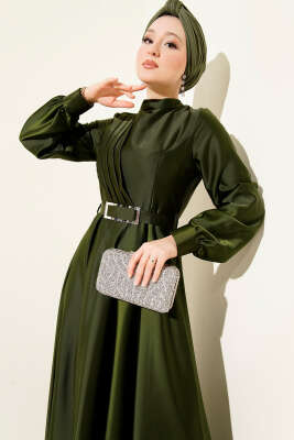 Önü Çapraz Piliseli Saten Elbise Haki - Tesettür Elbise
