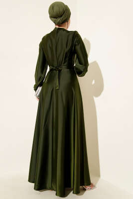 Önü Çapraz Piliseli Saten Elbise Haki - Tesettür Elbise