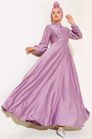 Önü Çapraz Piliseli Saten Elbise Lila - Elbise