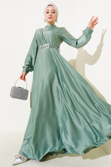 Önü Çapraz Piliseli Saten Elbise Mint - Elbise