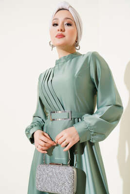 Önü Çapraz Piliseli Saten Elbise Mint - Tesettür Elbise