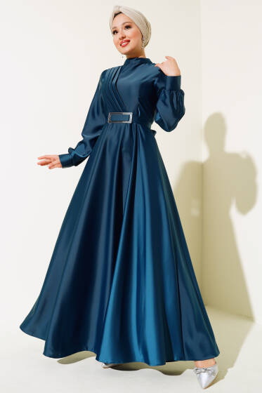 Önü Çapraz Piliseli Saten Elbise Petrol Yeşili - Elbise