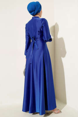 Önü Çapraz Piliseli Saten Elbise Saks - Tesettür Elbise