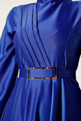 Önü Çapraz Piliseli Saten Elbise Saks - Tesettür Elbise