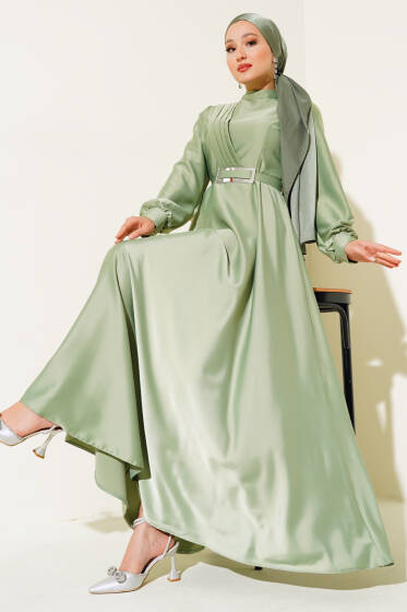 Önü Çapraz Piliseli Saten Elbise Su Yeşili - Elbise
