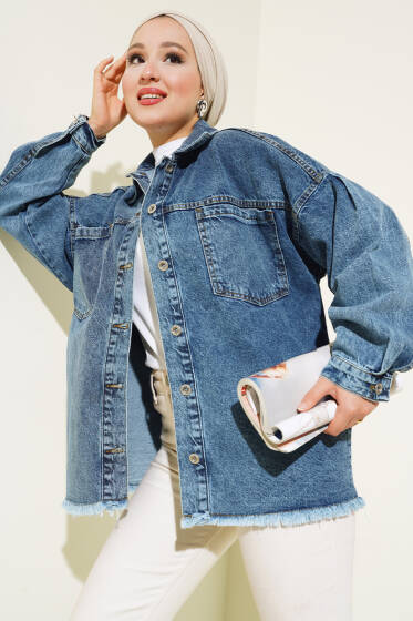 Önü Cepli Püsküllü Kot Ceket Koyu Mavi - Ceket