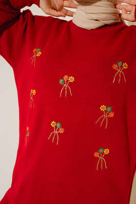 Önü Çiçek Desenli Triko İkili Takım Kırmızı - Thumbnail