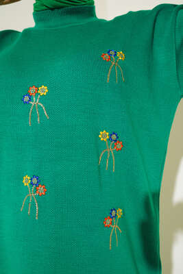 Önü Çiçek Desenli Triko İkili Takım Yeşil - Thumbnail