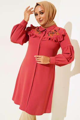 Önü Çiçek Nakış Fırfırlı Tunik Gül Kurusu 