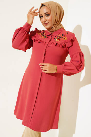 Önü Çiçek Nakış Fırfırlı Tunik Gül Kurusu - Tunik