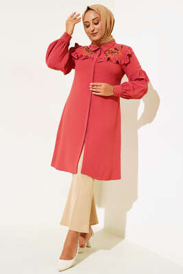 Önü Çiçek Nakış Fırfırlı Tunik Gül Kurusu - Tunik