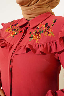 Önü Çiçek Nakış Fırfırlı Tunik Gül Kurusu - Tunik