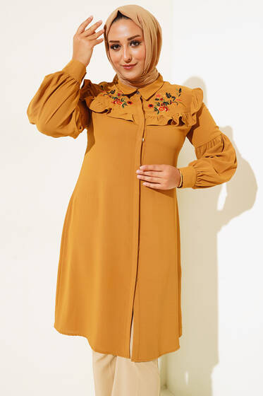 Önü Çiçek Nakış Fırfırlı Tunik Hardal - Tunik