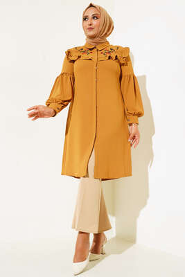 Önü Çiçek Nakış Fırfırlı Tunik Hardal - Tunik