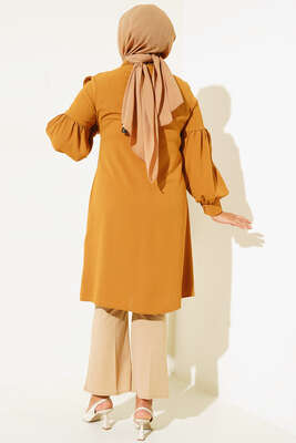 Önü Çiçek Nakış Fırfırlı Tunik Hardal - Tunik