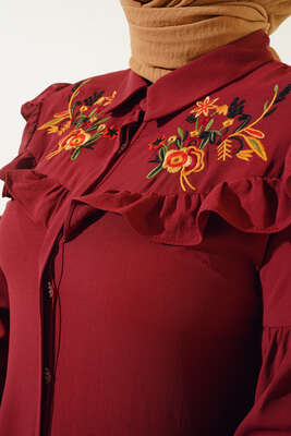 Önü Çiçek Nakış Fırfırlı Tunik Mürdüm - Tunik