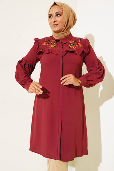 Önü Çiçek Nakış Fırfırlı Tunik Mürdüm - Tunik