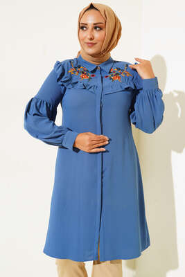 Önü Çiçek Nakış Fırfırlı Tunik Saks - Tunik