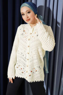Önü Çiçek Nakışlı Düğmeli Ajurlu Hırka Ekru - VANİZA TRİKO