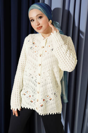Önü Çiçek Nakışlı Düğmeli Ajurlu Hırka Ekru - Hırka